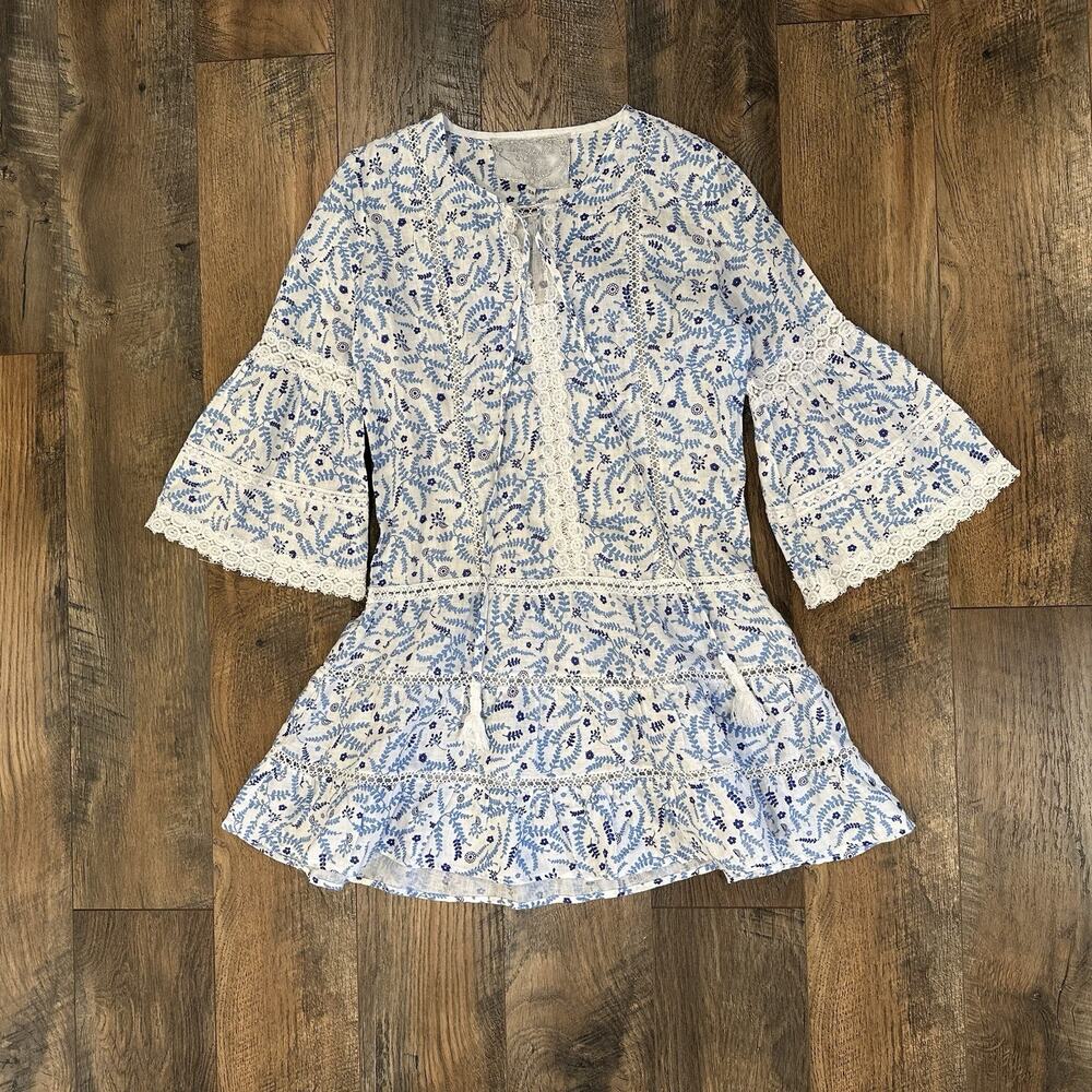 Temptation Positano Linen Crochet Lace Short Dress Blue White